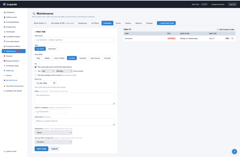 ScriptLMS Maintenance Schedules tab with the task form on the left and the scheduled tasks on the right, including the weekly Life Safety generator inspection next due October 21